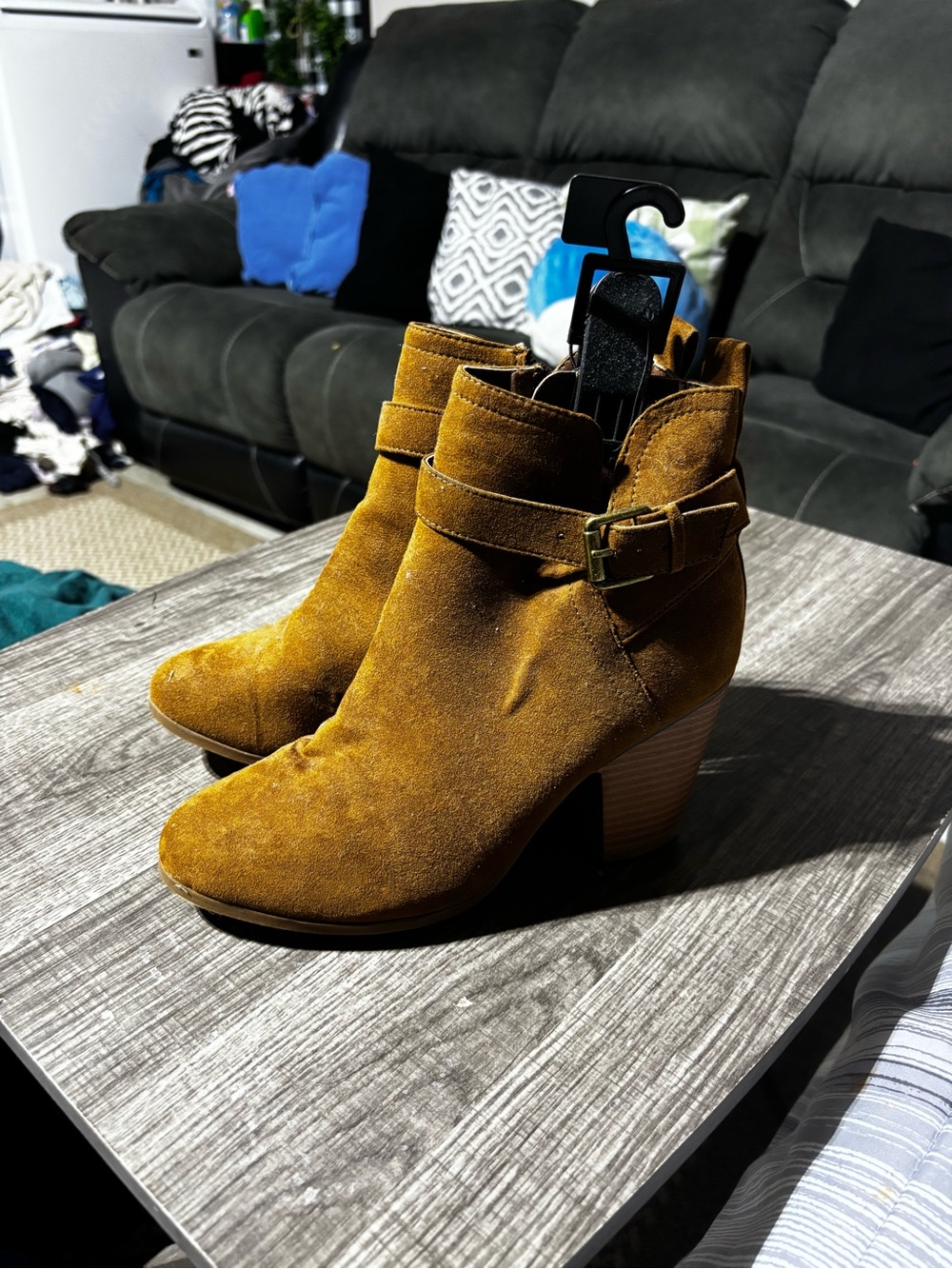 Women's Suede Ankle Booties with Buckle Strap - Mustard